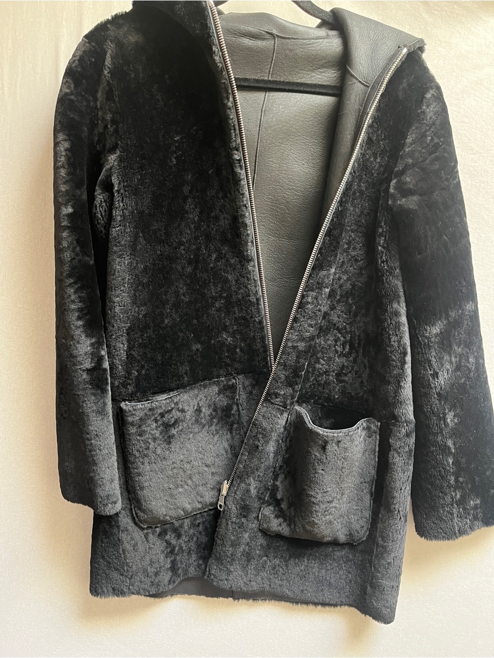 Sandro Paris Reversible Hooded Lamb Shearling Leather Coat Jacket 2 M